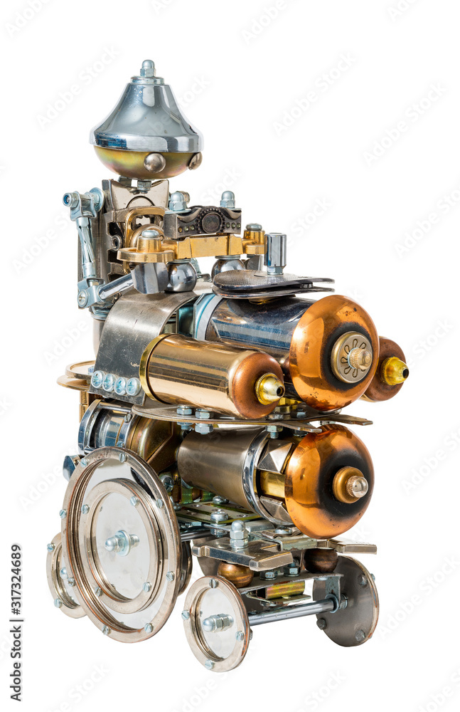Steampunk robot on vehicle. Cyberpunk style. Chrome and bronze parts. Isolated on white. Steampunk robot on vehicle. Cyberpunk style. Chrome and bronze parts. Isolated on white.