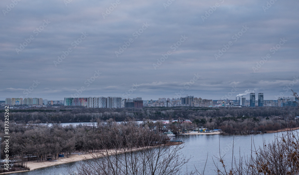 Kyiv, Dnipro river, winter morning, beautiful view on city landscape.