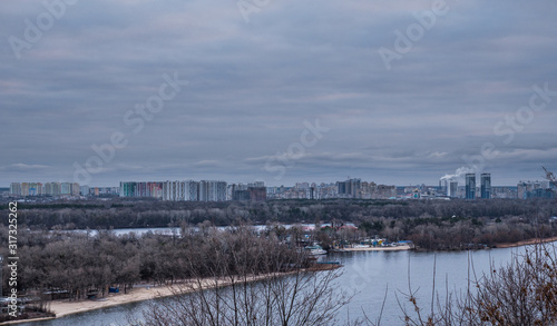 Kyiv, Dnipro river, winter morning, beautiful view on city landscape.