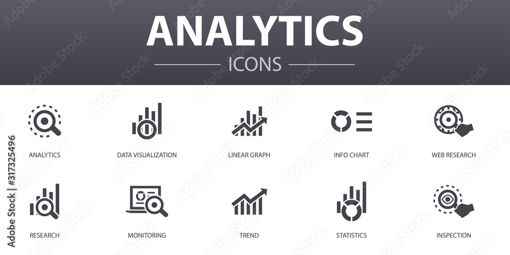 analytics simple concept icons set. Contains such icons as linear graph, web research, trend, monitoring and more, can be used for web, logo, UI/UX - obrazy, fototapety, plakaty 