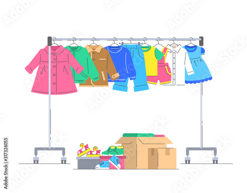 Kids clothes donation concept. Little baby clothes hanging on rolling hanger rack. Boxes with small shoes and different stuff. Flat lines vector illustration. Charity volunteer support. Social help