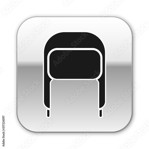 Black Winter hat with ear flaps icon isolated on white background. Silver square button. Vector Illustration