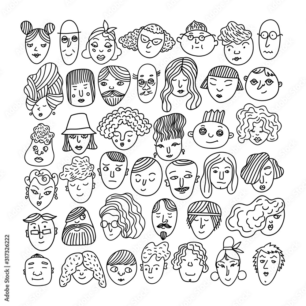 Men, women, and girls are drawn with a line. Black and white image. Men, women, and girls are drawn with a line. Black and white image.