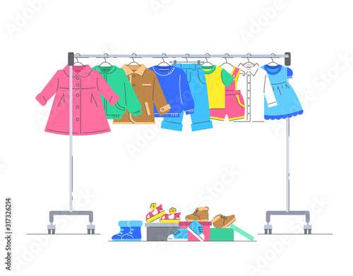 Baby clothes on hanger rack with shoes. Flat lines vector illustration. Casual little kids apparel hanging on shop rolling display stand. Children store sale concept. Charity donation