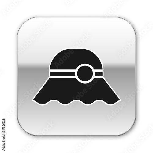 Black Elegant women hat icon isolated on white background. Silver square button. Vector Illustration