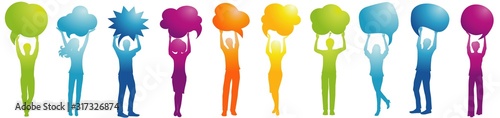 Crowd people talk holding speech bubble. Talking and inform. Communicate between a group of multiethnic and multicultural people who talk and share ideas. Social network. Friendship