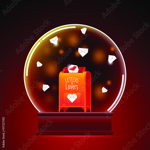 Vintage mail love letters and mailbox in glass ball. Festive vector illustration.