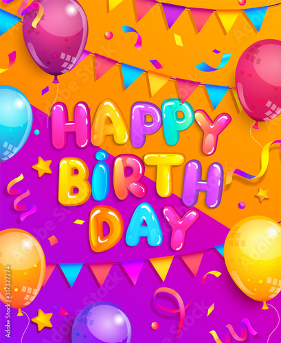 Happy Birthday greeting card with balloon, flags, confetti on geometric background. Design template for celebration. Great for invitation flyers, posters, banners. Vector illustration.