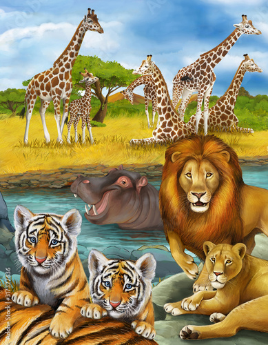 cartoon scene with antelope and hippopotamus hippo near river and lion
