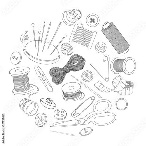 Set with sewing supplies arranged in a circle. Black outline on a white background.