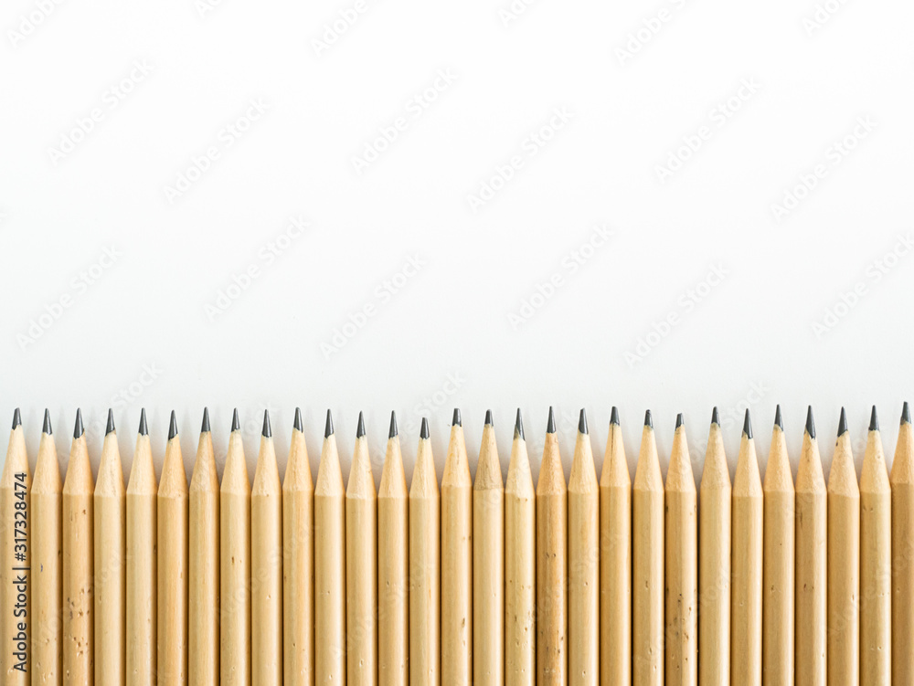 Wooden brown beige many pencil minimal design style of equal colleague employee teamwork for project working team in corporate office or student group in college on isolated white background