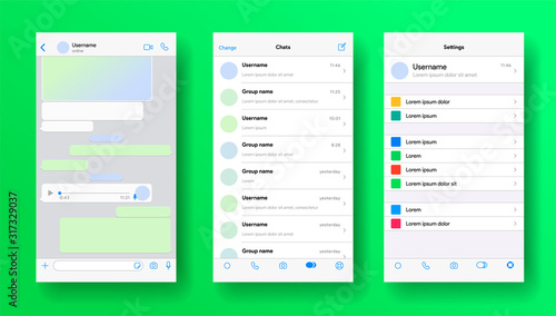 Mobile messenger screen inspired by whatsapp. Whats ap application mockup. Phone chat with voicemail or audio message. Whats App layout of private account for business. Vector illustration.