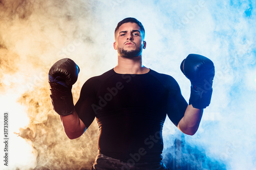 Portrait handsome muscular boxer posing with professional gloves