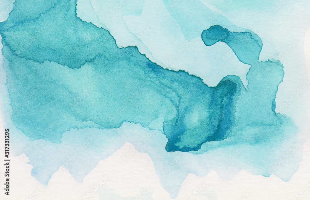 Fototapeta Light turquoise color watercolor illustration, creative background, smeared sky blue shades frame. Aquarelle painted textured canvas for vintage design, invitation card