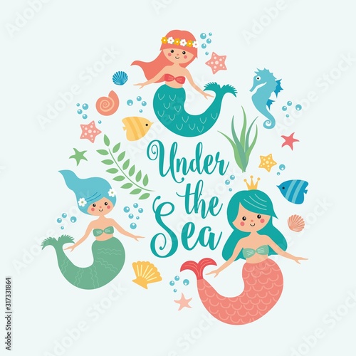 Under the sea card with mermaid, leaves, seashells and fish. Simple and cute illustration in pastel colors.