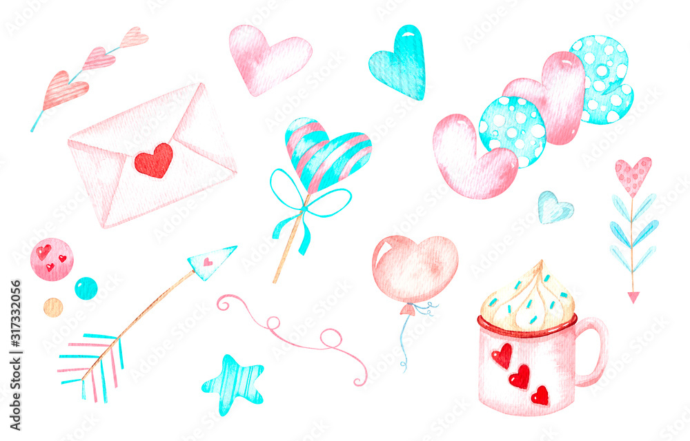 Watercolor illustrations, envelopes, hearts, arrows,cakes, romantic design