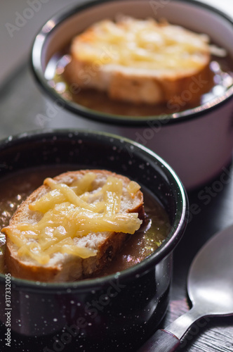 French onion soup with cheese topped croutes