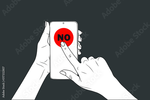 NO. female hands hold a smartphone, finger points. eps10 vector stock illustration