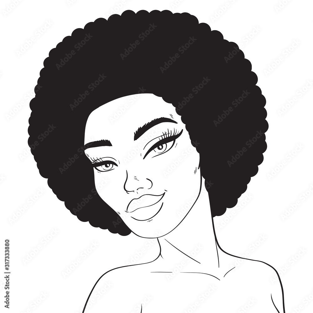 African american afro hair woman line art in pop art retro comics style  isolated on white background, vector illustration Stock Vector | Adobe Stock