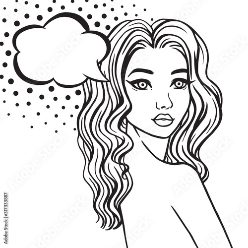 Vector line art beautiful woman curly hair naked no makeup woman with thinking bubble  vector illustration in pop art style