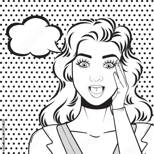 Vector line art of shocked business woman face with open mouth and thinking balloon isolated on white background  illustration in pop art retro comic style