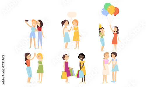 Set of girls best friends in everyday life vector illustration