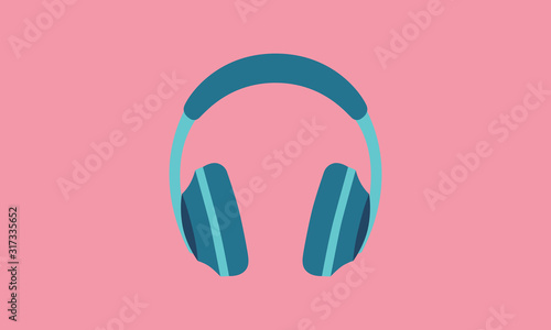 Simple, flat vector illustration of teal wireless headphones isolated on a pink background photo