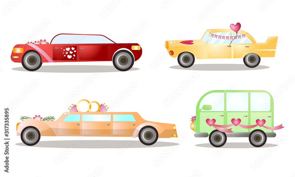 Fototapeta premium Decorated wedding procession with balloons and flowers vector illustration