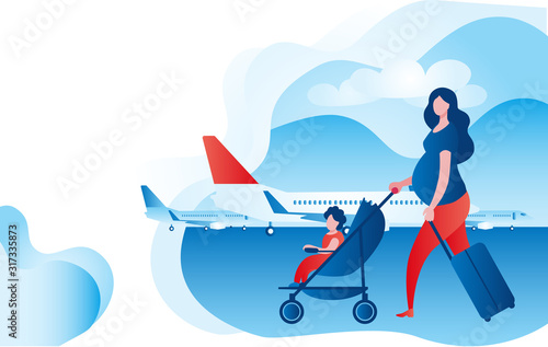 Pregnant woman with child and suitcases at the airport. Vector illustration on the theme of travel with the baby and during pregnancy.