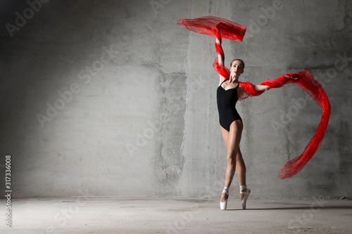 Girl on pointe with a red cloth on a gray background.girl, dance, dancer, ballet, ballerina, modern, pointe shoes, 