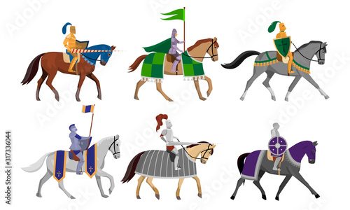 Knights with flags, shields and swords on horseback vector illustration © greenpicstudio