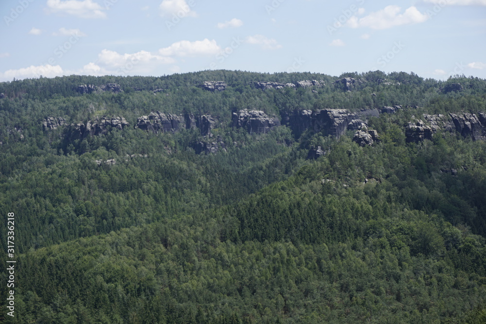 Naklejka premium Impressive sandstone rocks peeling out of the forest in the Schrammsteine region