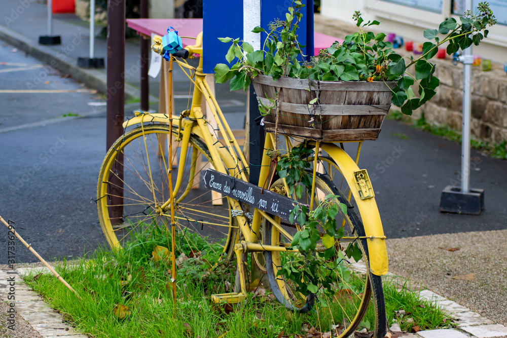 vélo jaune peint pot de fleurs 