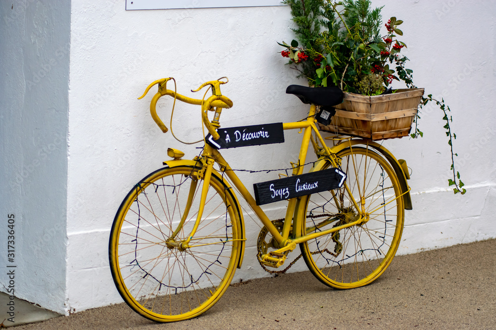 vélo jaune peint pot de fleurs 