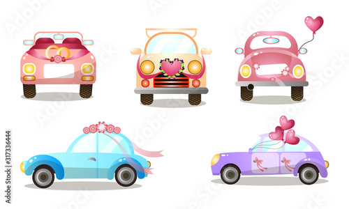Decorated wedding procession cars with balloons and flowers vector illustration