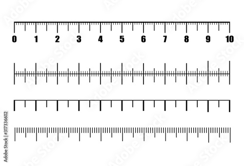 Vector set of metric rulers in flat style. Ruler scale measure or length measurement scale chart. 