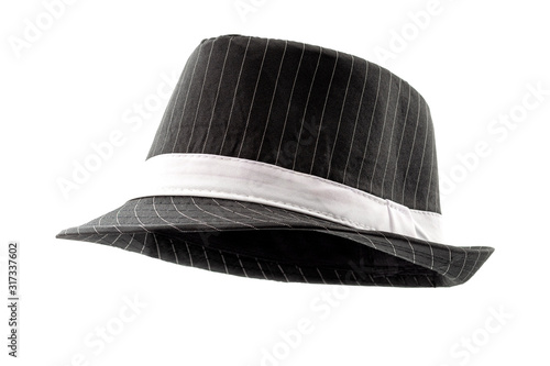 Chic hats and formal attire concept black pinstripe fedora hat isolated on white background with clipping path cutout using ghost mannequin technique photo