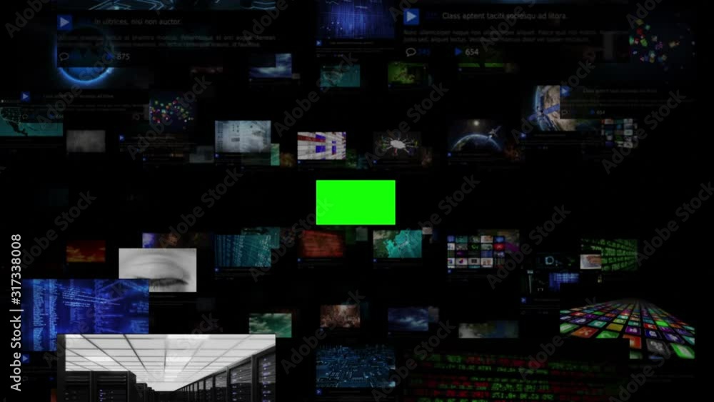 Video Wall with green screen. Journey through video screens showing ...