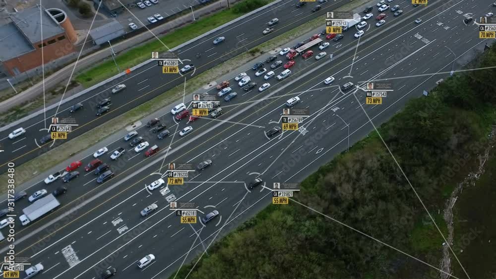 Traffic surveillance system in highway. Connected network. Speed and
