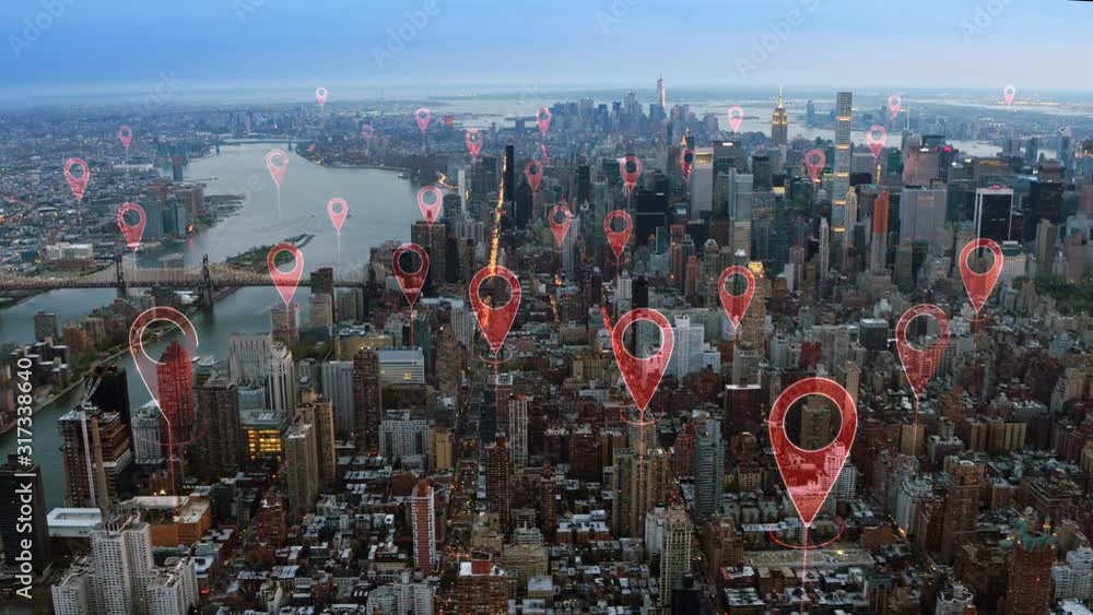 Localization icons in connected futuristic city. Technology concept ...