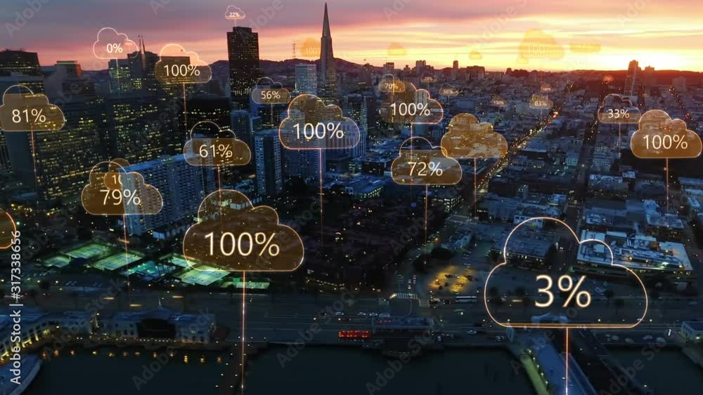Aerial smart city. Network connections and cloud computing icons with percentages. Technology concept, data communication, artificial intelligence, internet of things. San Francisco skyline.