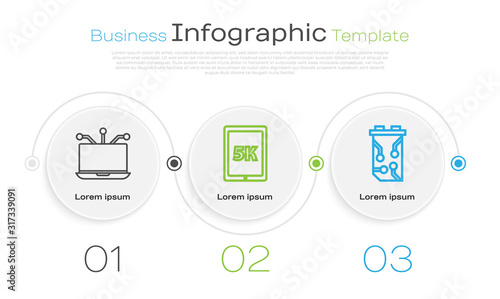 Set line Laptop, Tablet with text 5k and Video graphic card. Business infographic template. Vector
