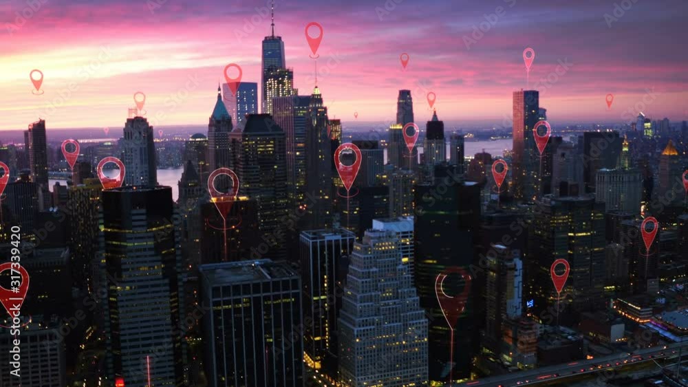 Localization icons in a connected futuristic city. Technology concept