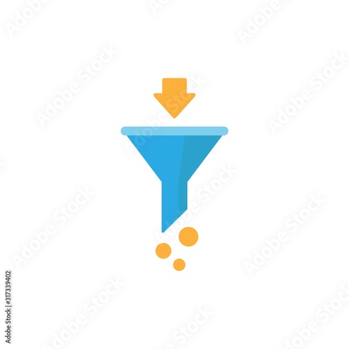 blue data filter with yellow arrow. Flat data funnel icon. isolated on white background. Analytics info,