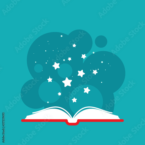 Open book with white stars and cosmos. Isolated on powder blue background.