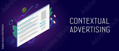 Contextual Advertising isometric vector concept for digital display marketing. banner and text ads in the browser window with graph, arrow and profit icon. Header and footer banner template with text