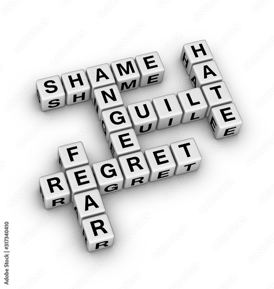 Negative Emotion Word Cloud. 3D cubes crossword puzzle on white background. Negative Emotion Word Cloud. 3D cubes crossword puzzle on white background.
