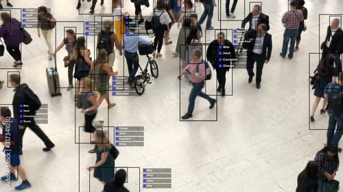 Crowded building with commuters walking. Artificial intelligence and facial recognition are used for surveillance purposes. Individual data showing sex, race and clothing. Deep learning. Futuristic.