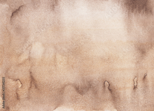 Watercolor liquid brown background texture. Light taupe color overlay. Old parchment backdrop hand painted.