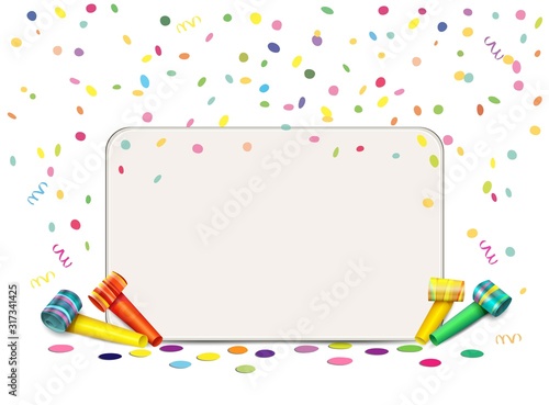 Blanko Karte mit Konfetti und Tröten, Karte für Geburtstag, Fasching, Karneval uvm. Vektor Illustration isoliert auf weißem Hintergrund